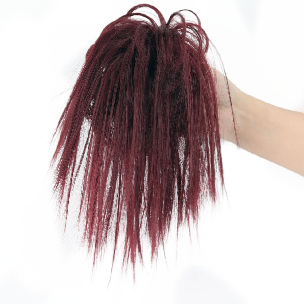 Unisex Red Ponytail Hair Extension With Claw Clip, Messy Bun Chignon Hairpiece, Synthetic 12In