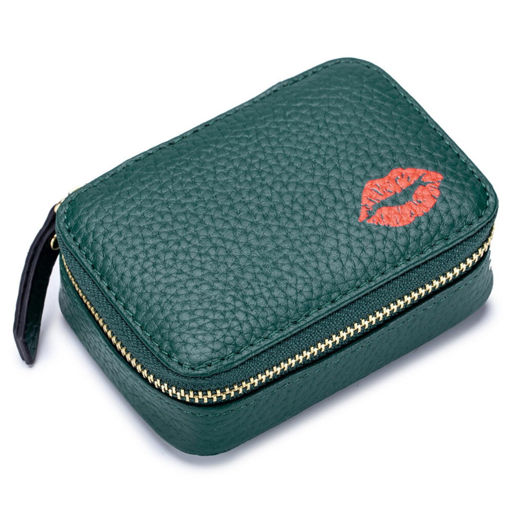 Leather Lipstick Case with Mirror, Travel Makeup Pouch for Women Holds 3 Lipsticks, Dark Green