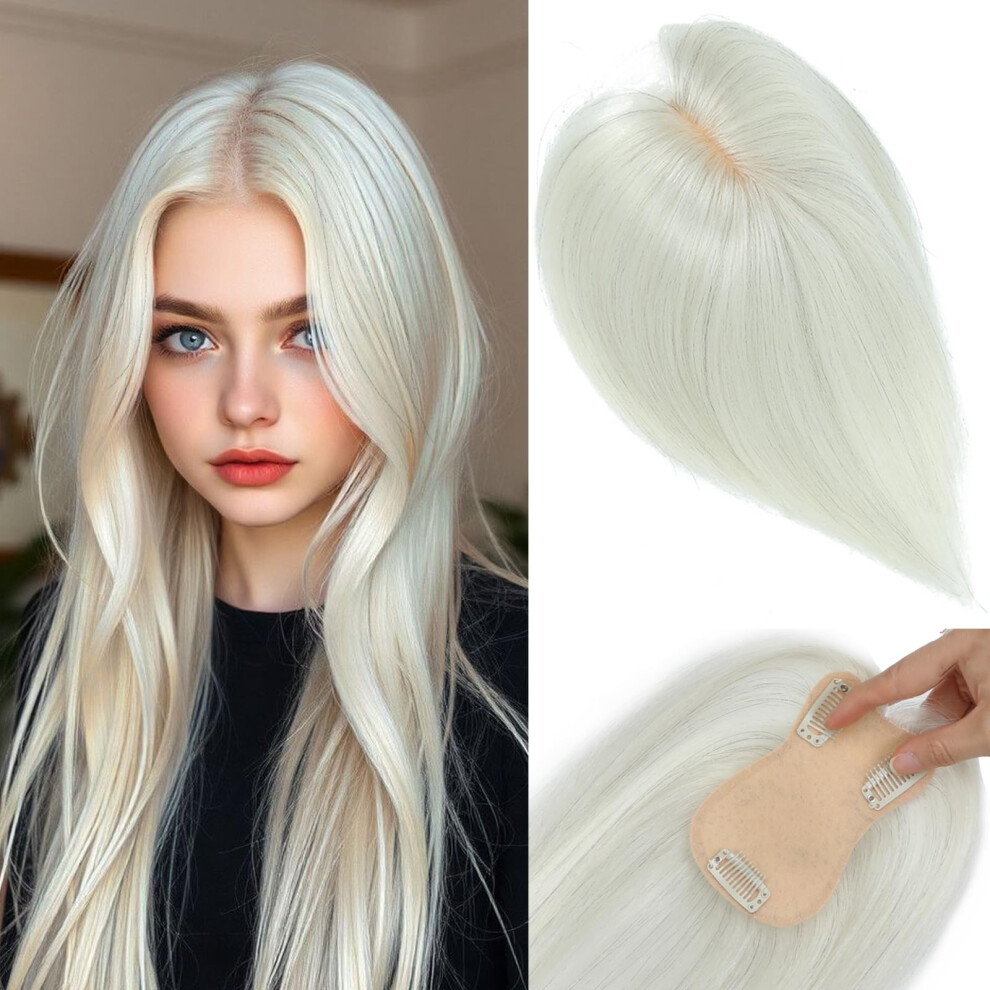Unisex White,Silver Human Hair Topper For Women Silver White Side Bangs 10 Inch Realistic Scalp For Thinning Crown
