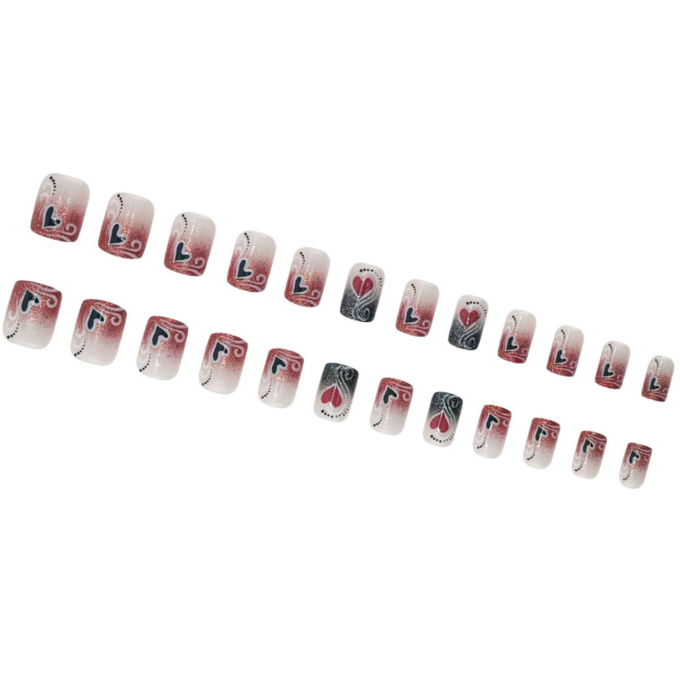 Short Square Press On Nails 24pcs Glitter Stripes Heart Design Instant Salon Manicure