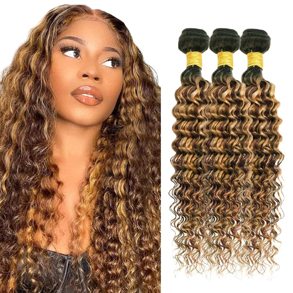26 Inch Deep Wave Human Hair Bundles 4/27 Ombre Extensions with Natural Highlights