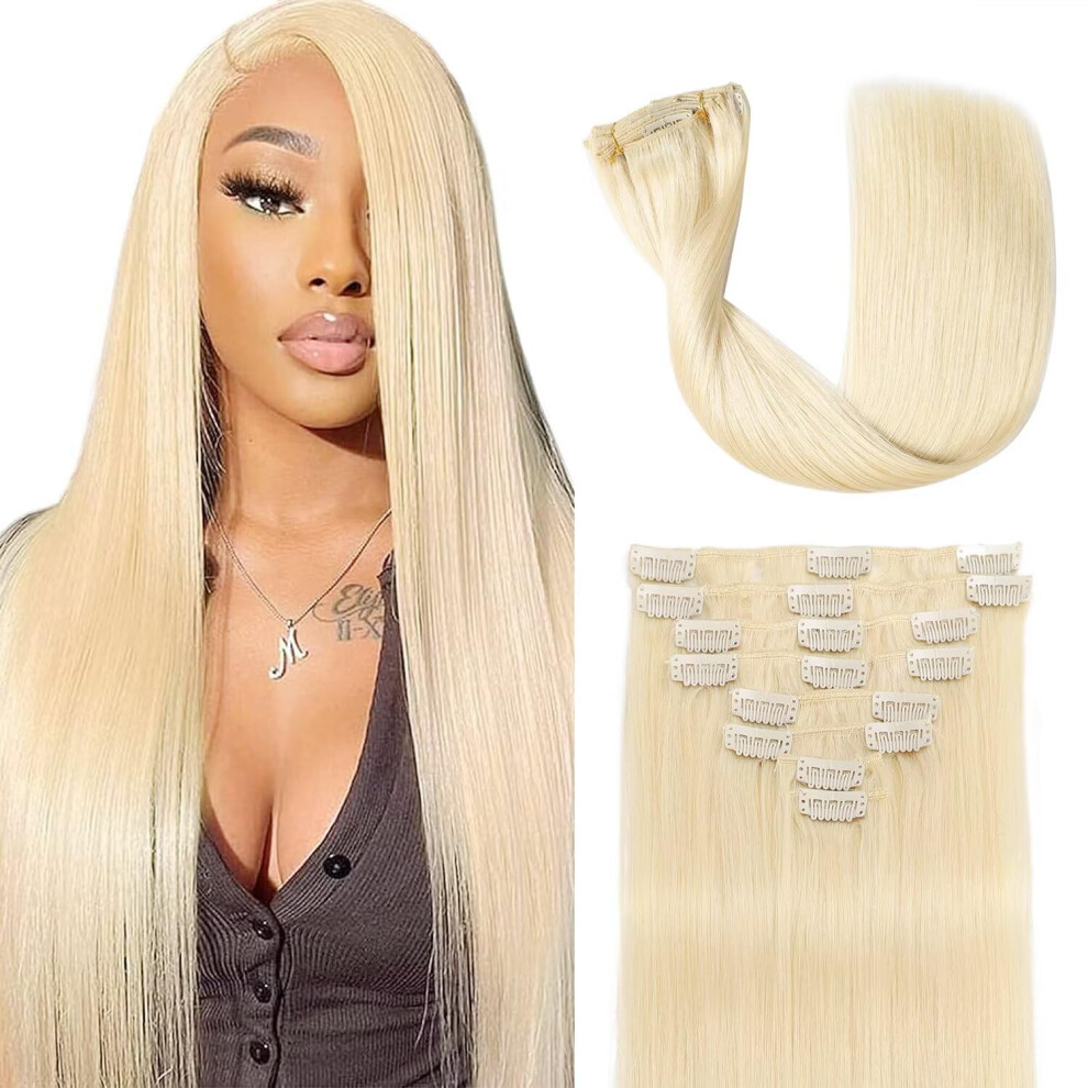 Unisex Silver 24 Inch Platinum Blonde Clip In Human Hair Extensions 90G Double Weft Remy For Women
