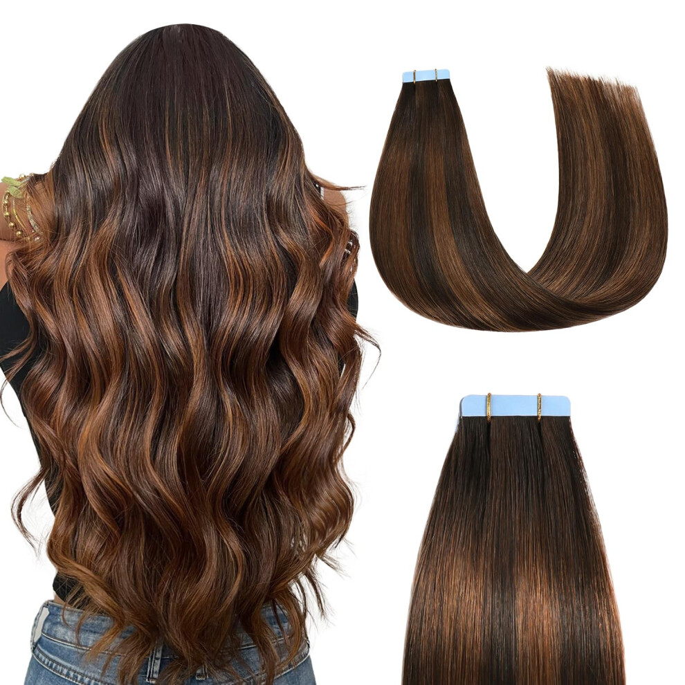 Unisex Brown Tape In Hair Extensions 22 Inch Balayage Dark To Chestnut Remy Human Hair Seamless Skin Weft