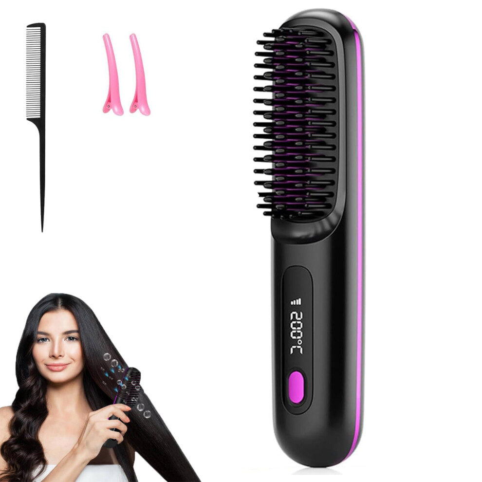 Black Cordless Hair Straightener Brush With Ionic Technology, Rapid Heatup, Antiscald Comb,