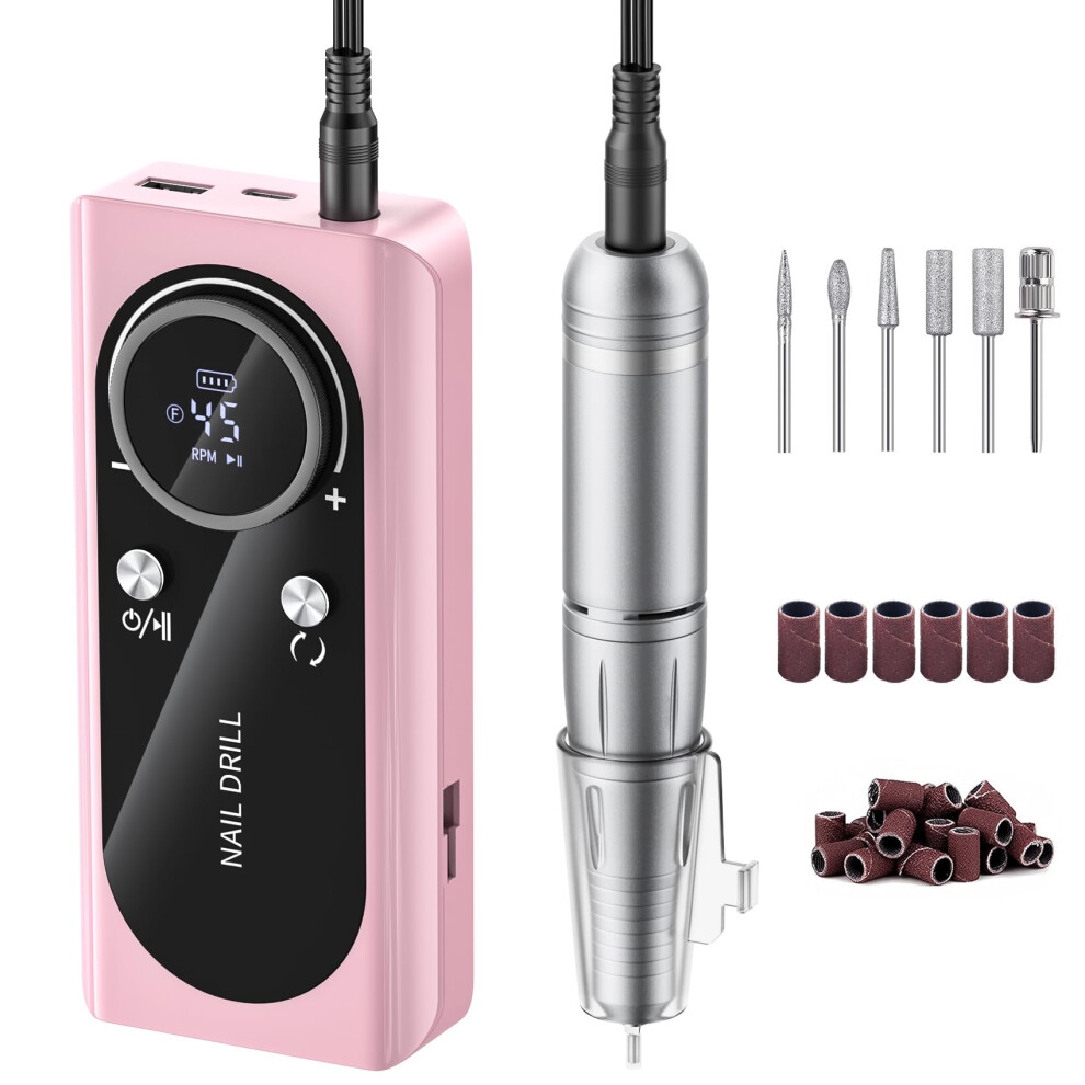 Pink Electric Nail Drill 45000Rpm Cordless Professional Efile With Lcd For Acrylic And Gel Nails