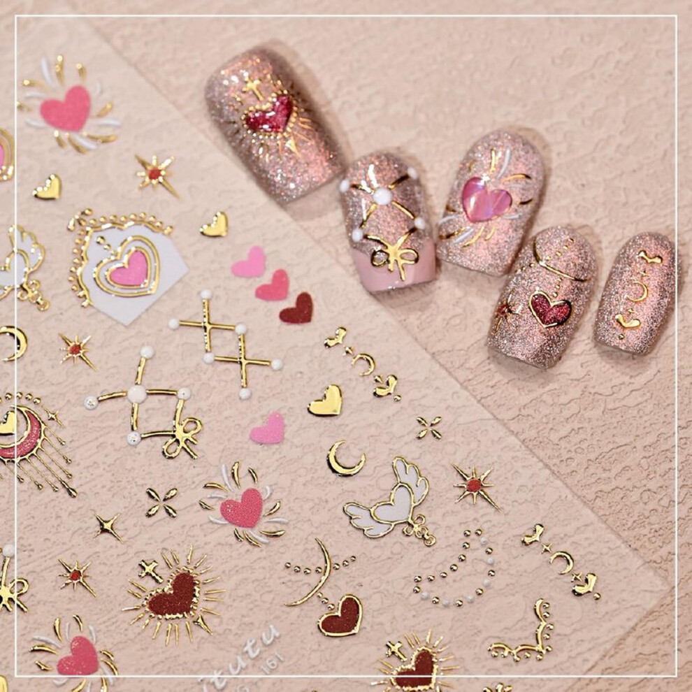 Gold/Pink Nail Art Stickers 5D Embossed Moon And Star Selfadhesive Heart Floral Sheet For Diy Manicure