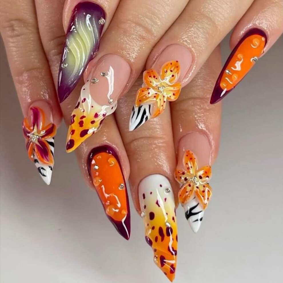 Orange Almond Press On Nails With Rhinestones 3D Floral Fake Nail Set For Women 24Pcs