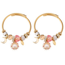 Versatile Wear Charm Bracelet, Hand Made Adjustable Open Bangle with White Zircon Charm and Alloy Resin Beads, 18K Gold Plated Stainless Steel, Fine W