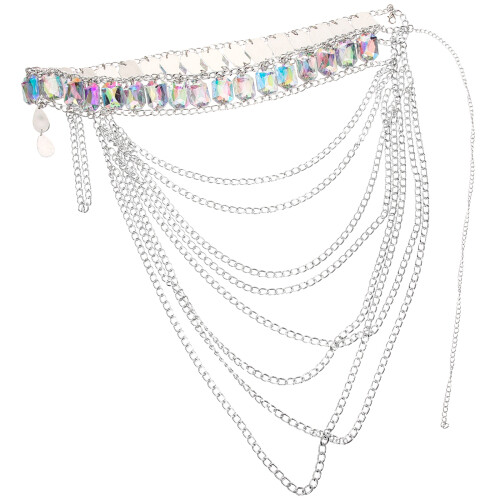 5Pcs Versatile Silver Waist Chain Decor with Large Rhinestone Charm 2