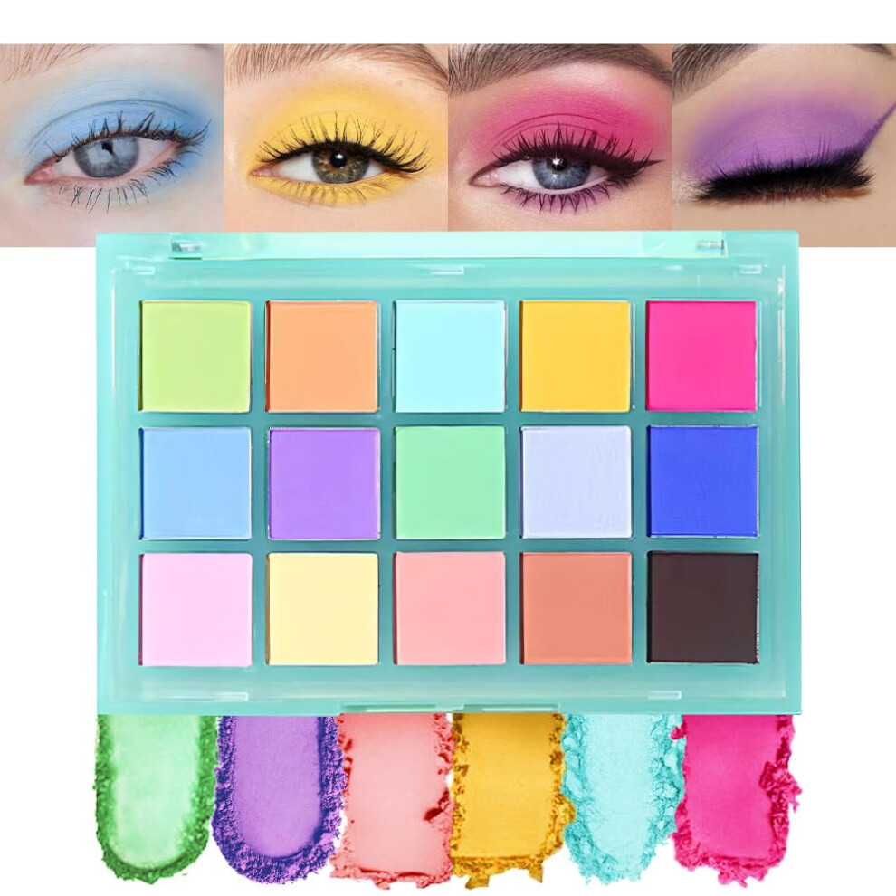 15 Color Eyeshadow Palette Bright Neon Rainbow Waterproof Long Lasting Vegan Cruelty