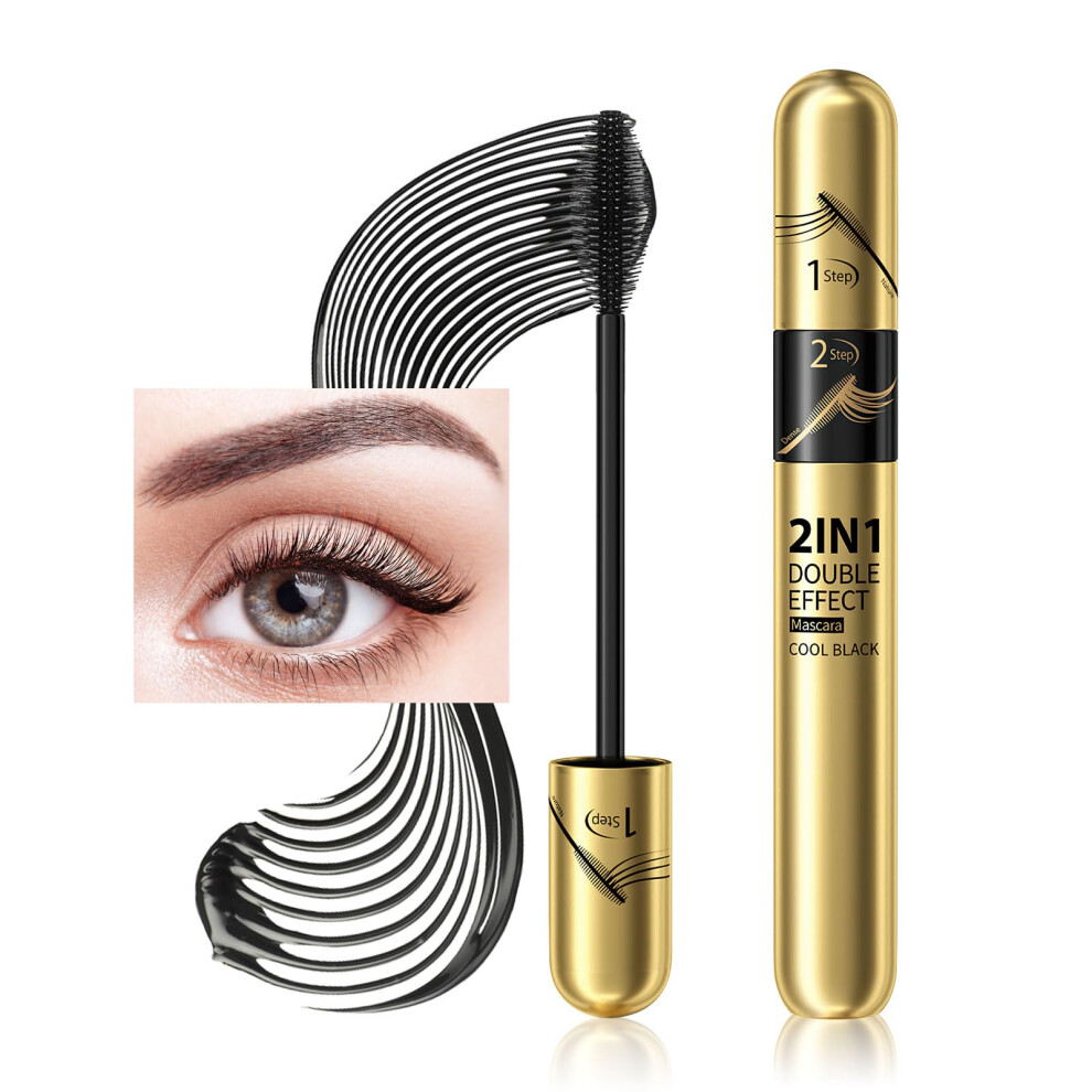 Black 4D Silk Fiber Lash Mascara 2 In 1 Defining Lengthening Smudge Proof For Dramatic Lashes 0.28Oz