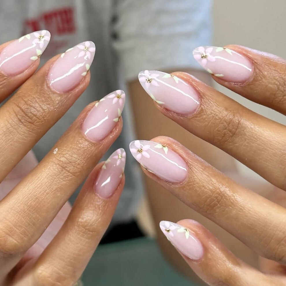 White Floral Almond Press On Nails Medium Length Glossy Acrylic False Nails With Glue