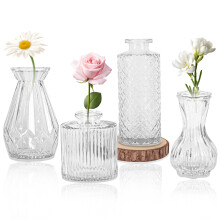 Glass Bud Vase Set 4Pack Small Clear Bud Vases For Table Centerpieces Vintage Rustic Home Decor