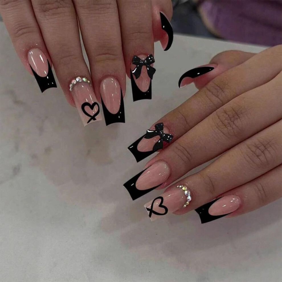 Black French Square Glossy Acrylic Press On Nails Kit with Glue, 24pcs SalonQuality Set