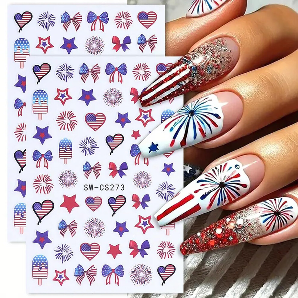 Fourth of July Nail Stickers Patriotic Nail Art Decals American Flag Water Transfer Decorations 2 Sheets