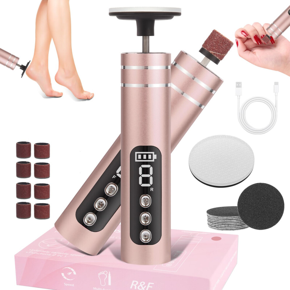 Electric Callus Remover Foot File with Nano Glass, Rechargeable 2in1 Pedicure Tool for Dead Skin and Cracked Heels (Rose Gold)