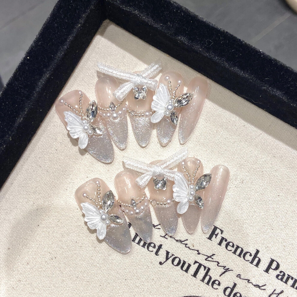 Silver Stiletto Press On Nails With 3D Rhinestones Medium Length Instant Glam Manicure For Women