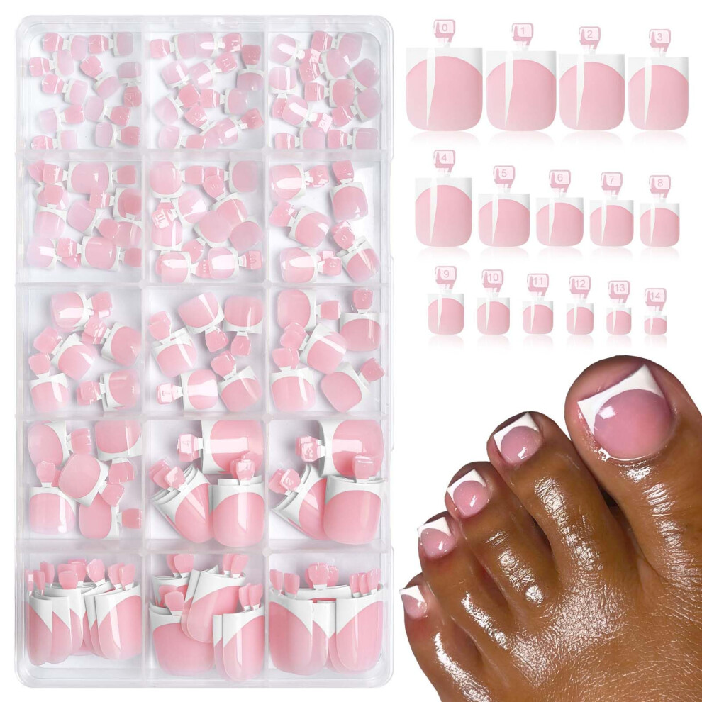 Pink/White 150Pc French Tip Press On Toenails With Glue Tabs, Square Acrylic Fake Toenails For Women