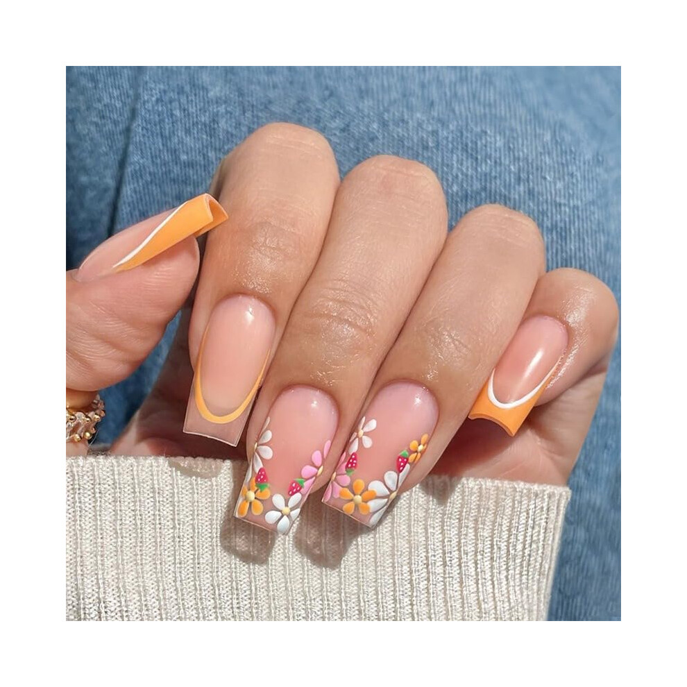24PCS White French Tip Press On Nails Medium Coffin Fake Nails with Flower Bee Design Acrylic Kit
