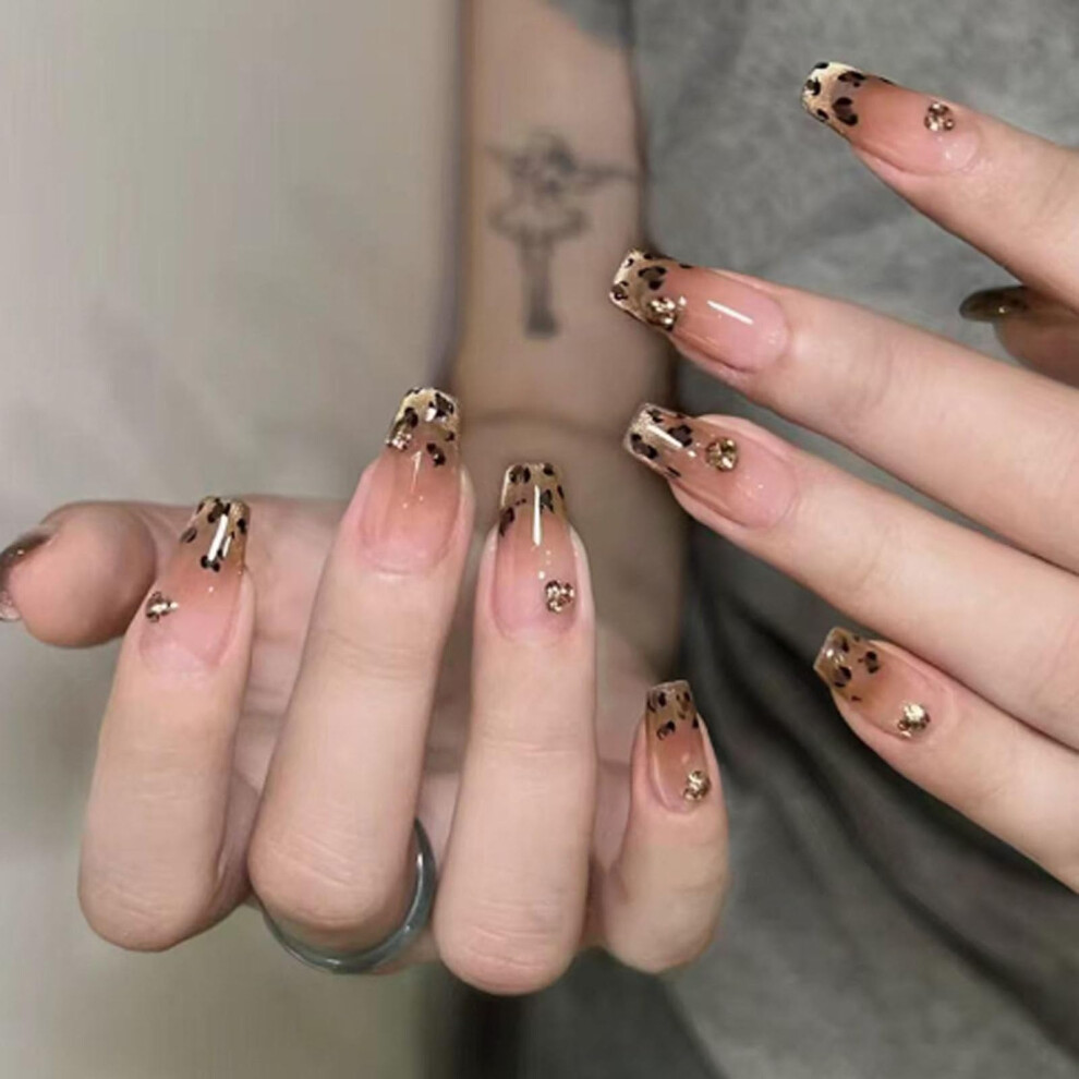 Leopard Rhinestone Press On Nails Coffin Shape Glossy Gradient French Tip False Nails 24pcs
