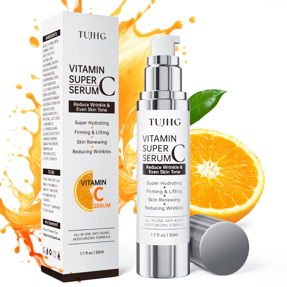 Vitamin C Serum for Face with Hyaluronic Acid, Collagen and Peptides, Brightening Anti Aging 1.7oz