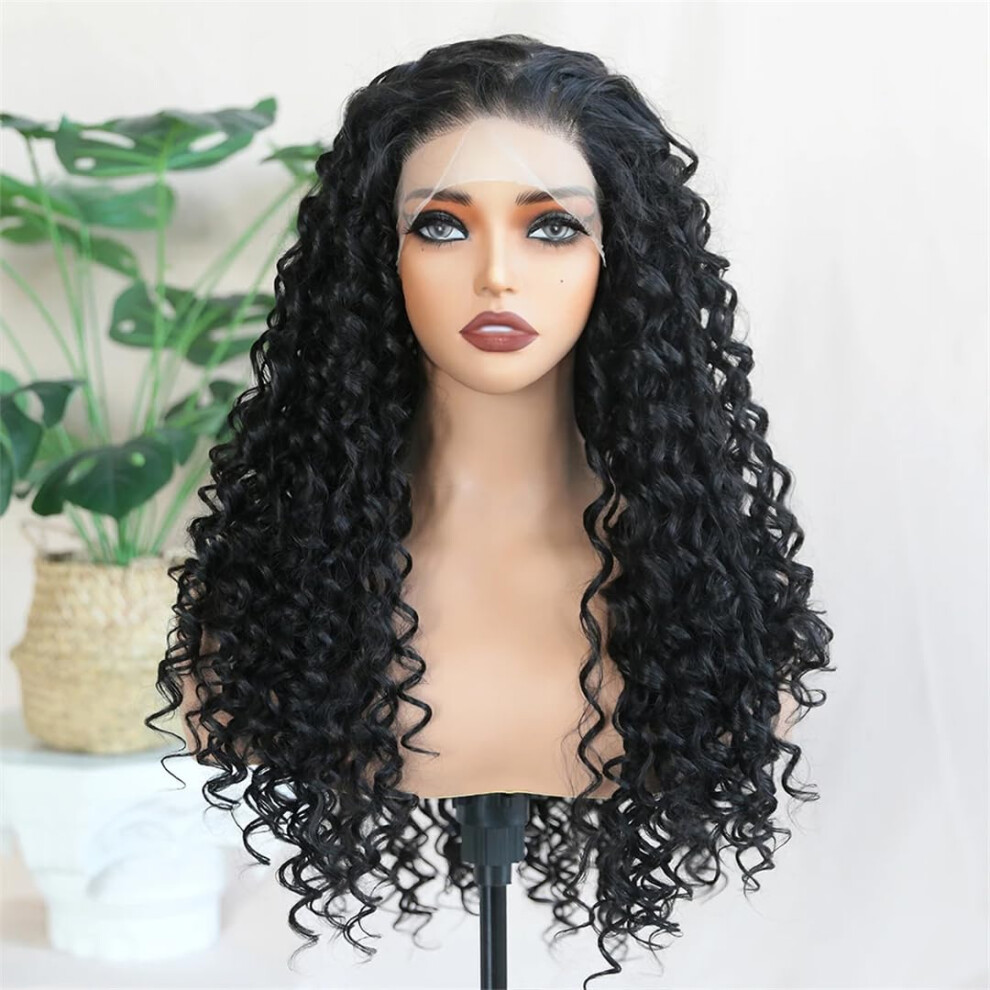 Unisex Brown 26 Inch Kinky Curly Lace Front Wig Highlight Heat Resistant Synthetic Natural Texture