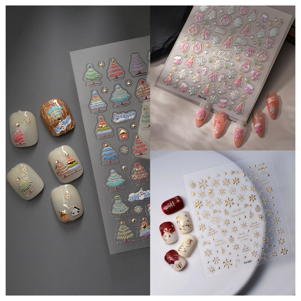 Christmas Nail Art Stickers 3PCS 5D Embossed SelfAdhesive Tree Snowflake Candy Decals