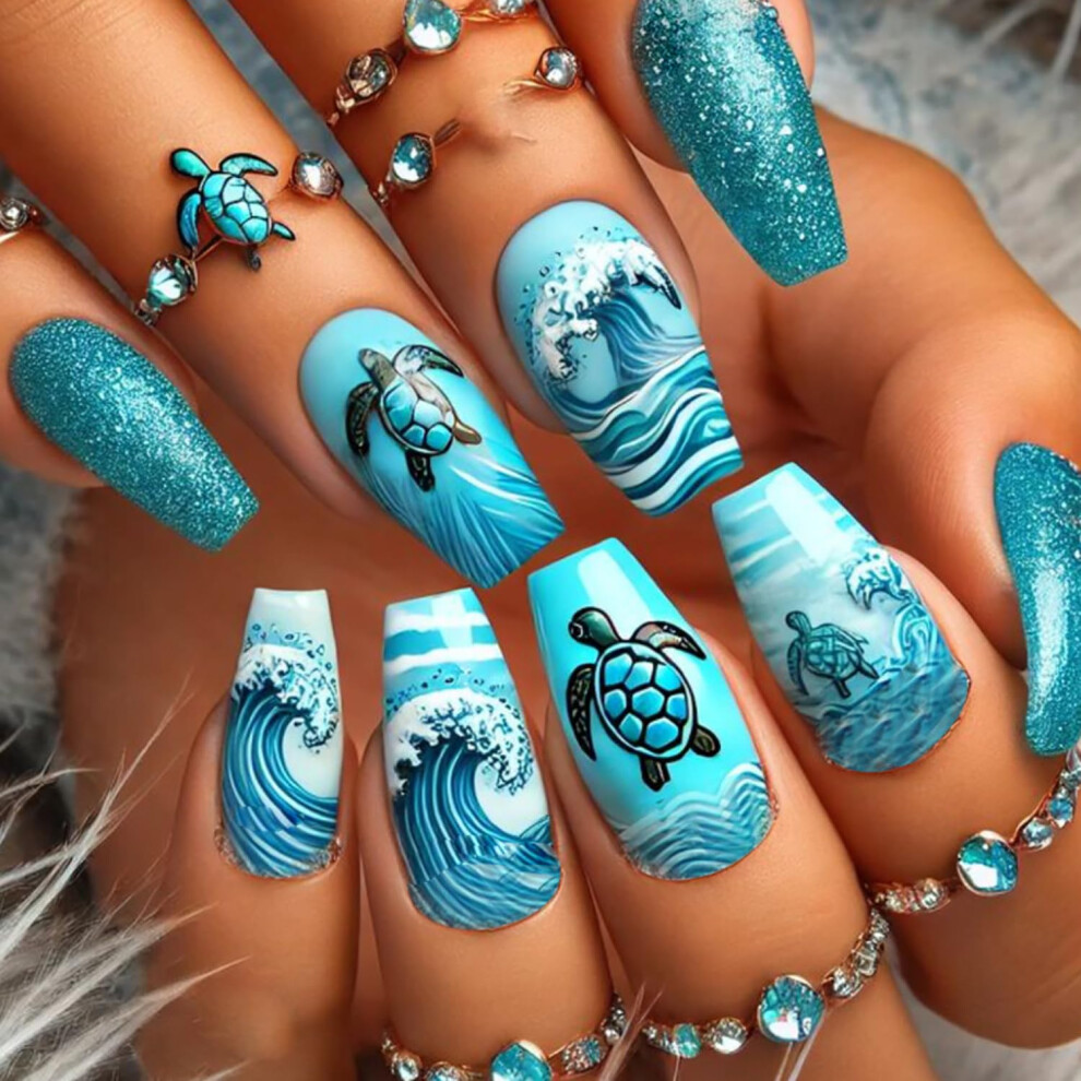 Beach Sunset Press On Nails Set, Salon Quality Reusable Fake Nails, 24pcs Medium Coffin Shape