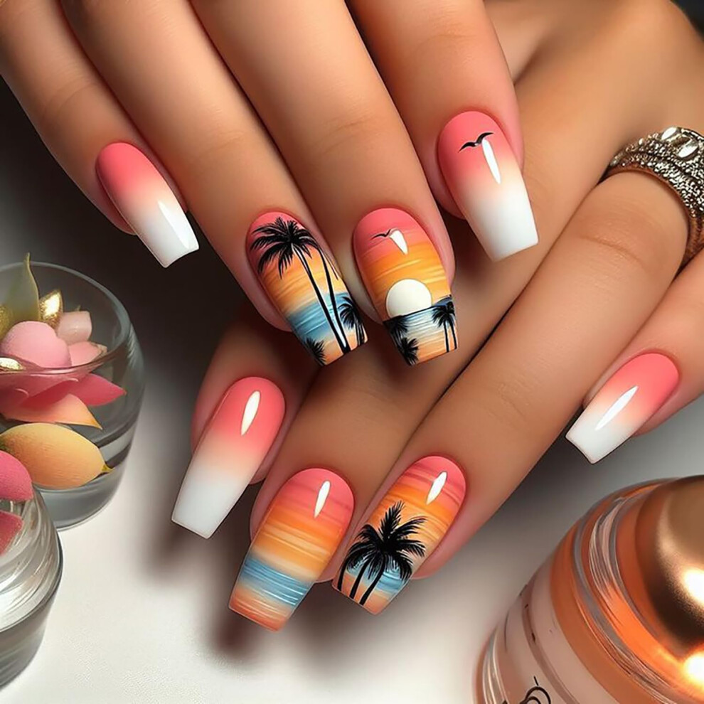 Ballet Shape Press On Nails Coconut Tree Sunset Gradient Acrylic Fake Nails Medium Length 24Pcs