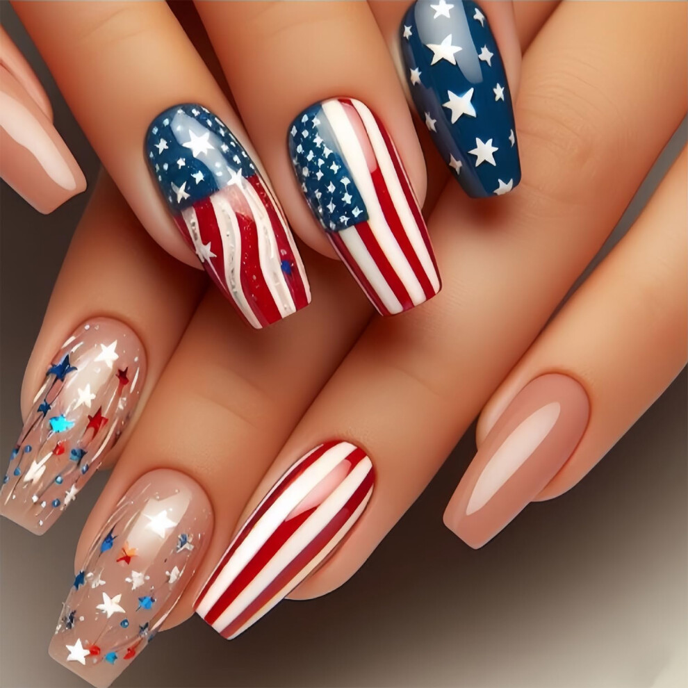 4th of July Press On Nails Coffin Fake Nails with American Flag Star Design, 24pcs Reusable Set