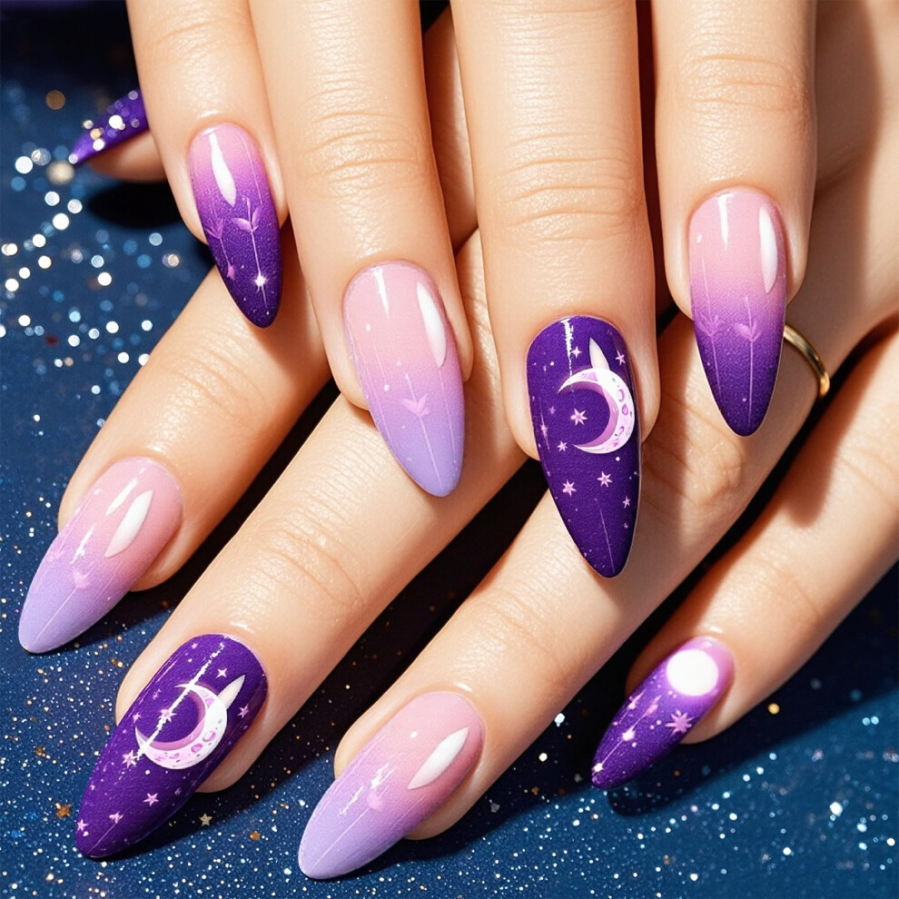 Purple Gradient Almond Press On Nails with Moon and Stars, Glossy Reusable Fake Nail Kit