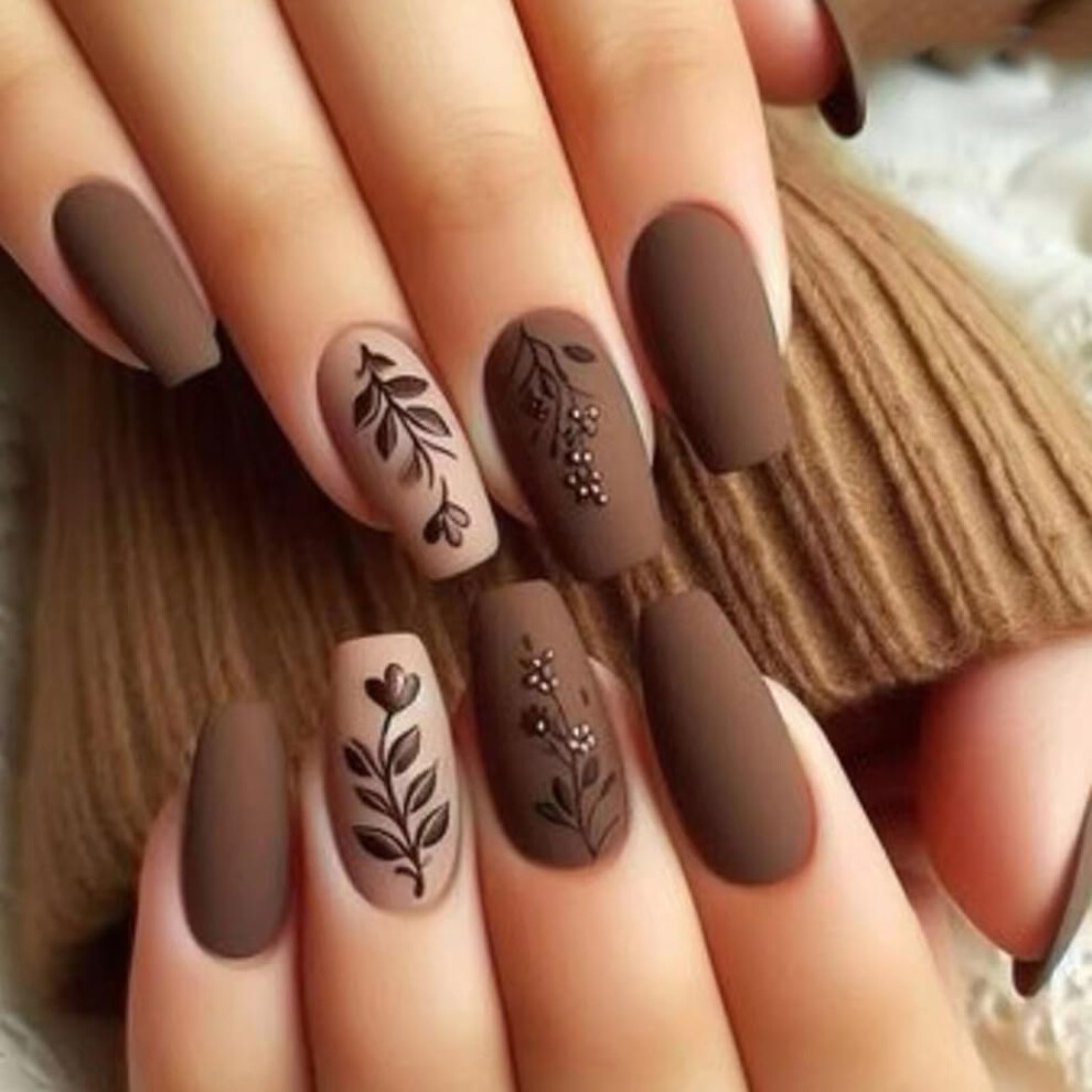 24pcs Matte Floral Leaf Press On Nails ReadytoWear Acrylic False Nail Manicure Set