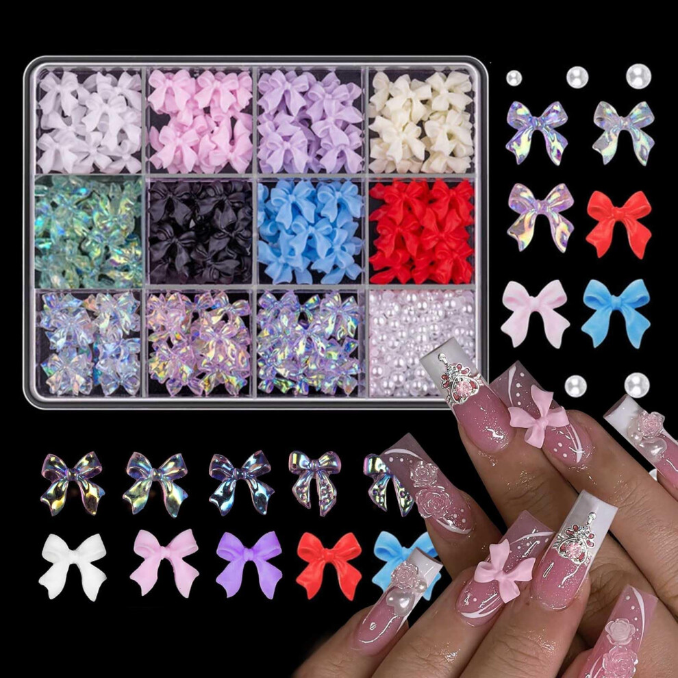 3D Nail Art Charms Bow Set with Pearls, 11 Colors, 12Grid Storage, Tweezers for DIY Nails