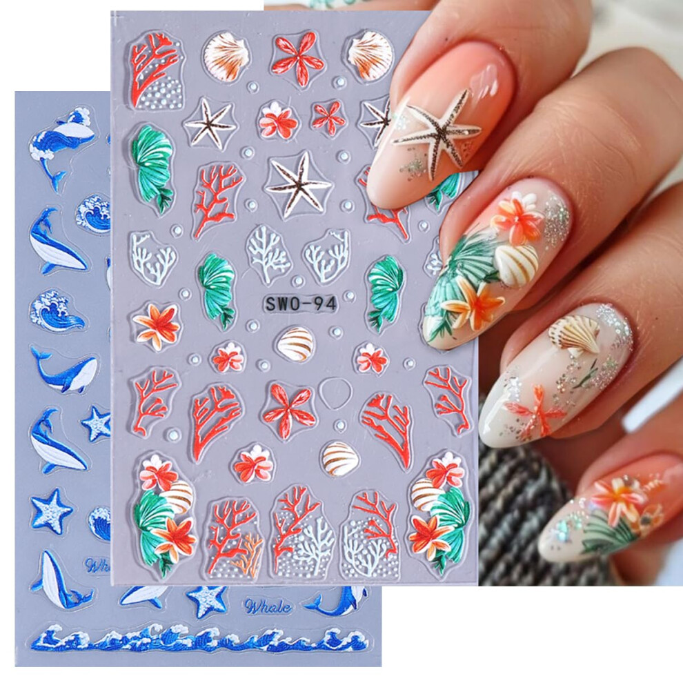 3D Summer Ocean Nail Art Stickers with Shell Starfish Whale Design, Durable 2Sheet Set