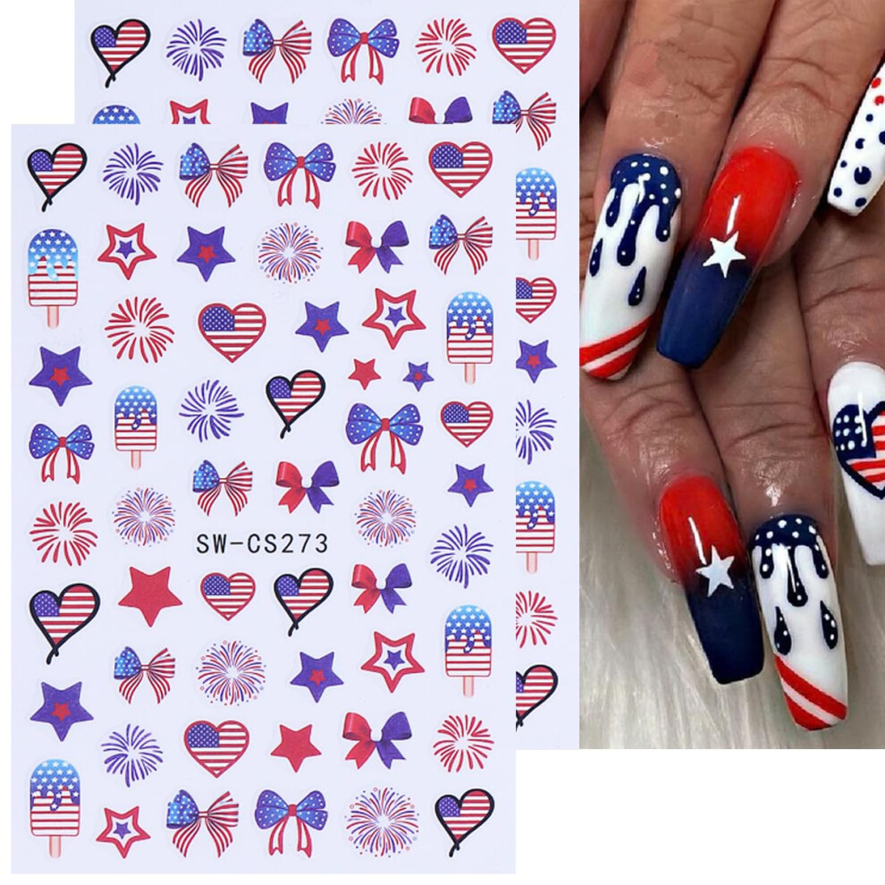 4th of July Nail Art Stickers with American Flag Stars and Fireworks, 3D Self Adhesive Independence Day Nail Decals, 2 Sheets