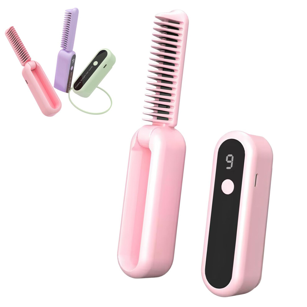 Pink Cordless Hair Straightener Brush With Ceramic Antiscald Teeth, 9 Heat Settings, Foldable Travel Design,