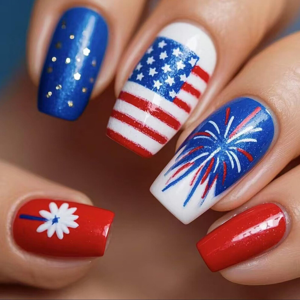 4th of July Press On Nails with Patriotic Flag Designs, Square Shape, Durable Glossy Finish