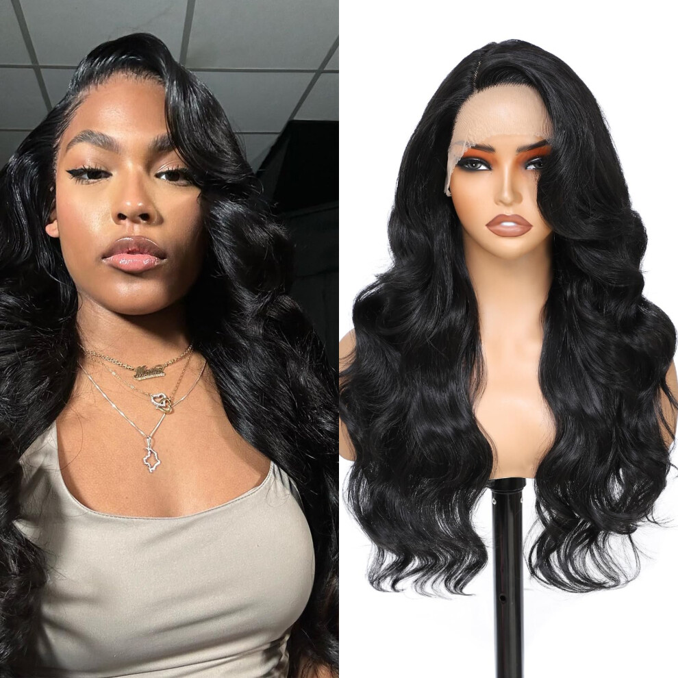 Glueless Body Wave Synthetic Lace Front Wig 24inch Natural Black HD Lace Pre Plucked Heat Resistant