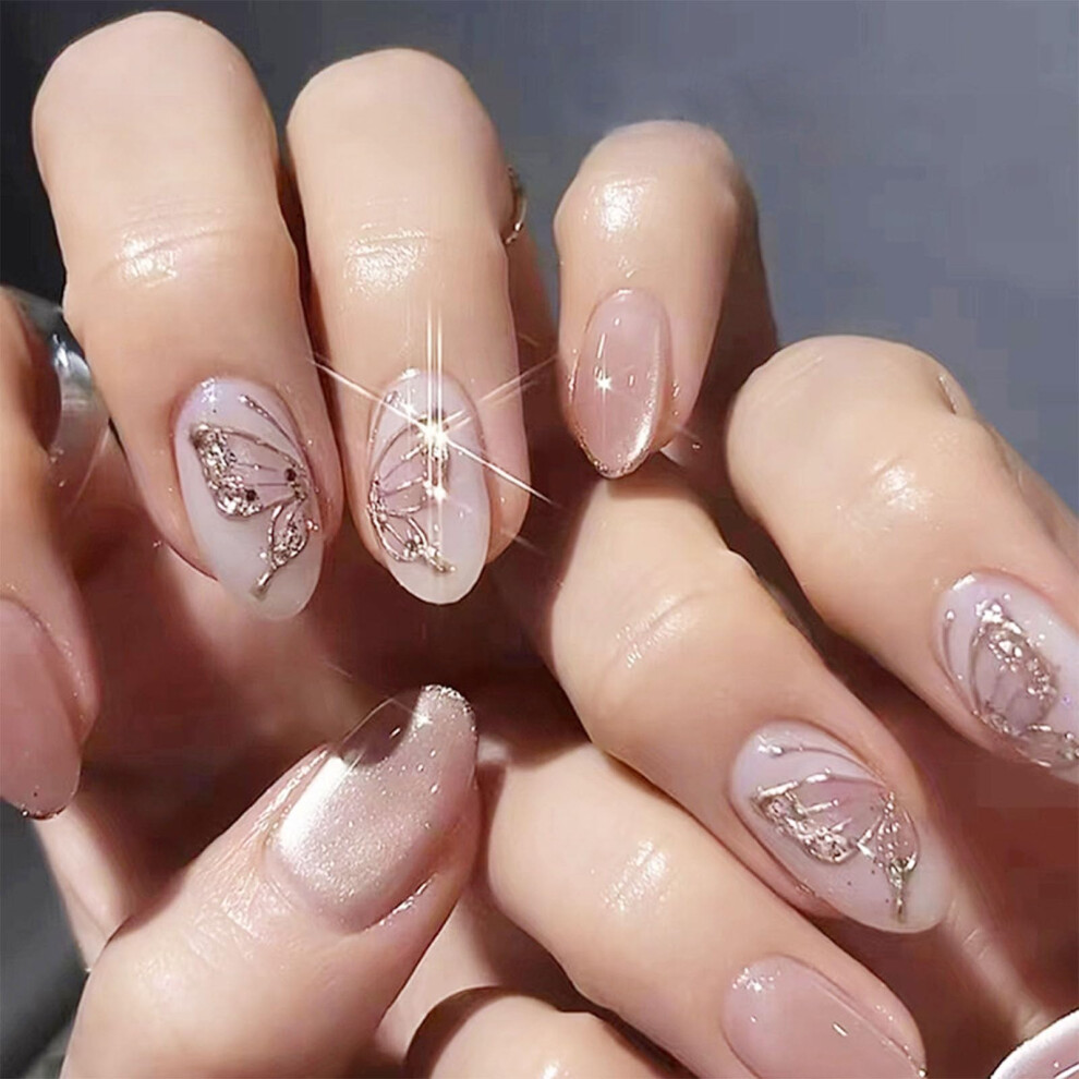 Cats Eye Butterfly Press On Nails with Glitter French Tips, Medium Oval Fake Nails for Women 24pcs