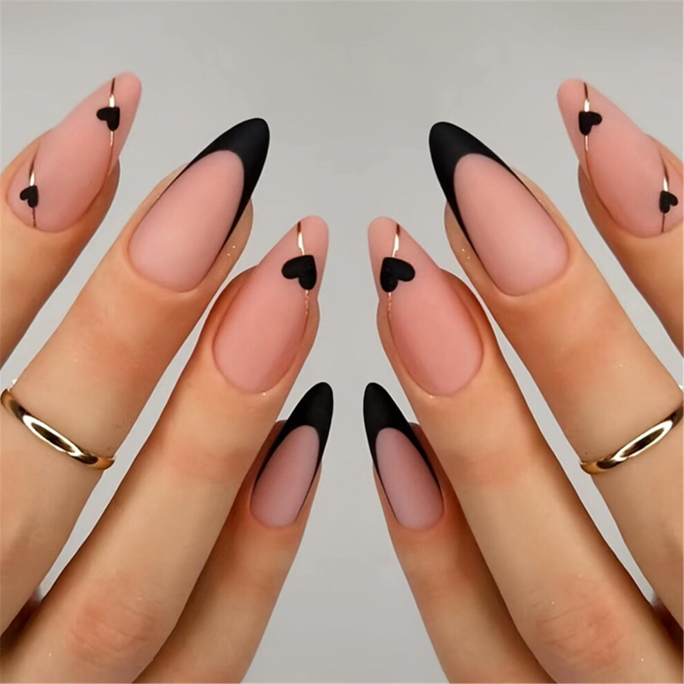 Matte French Tip Press On Nails 24 Pcs Almond Shape with Heart Design Instant Salon Look for Women