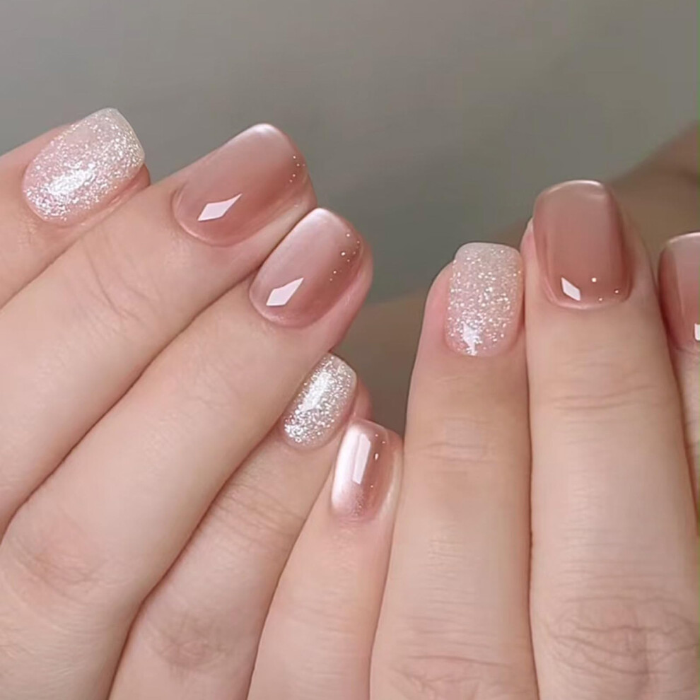 Glossy Glitter Press On Nails Cats Eye Acrylic Fake Nails Gel Polished 24pcs Long Lasting