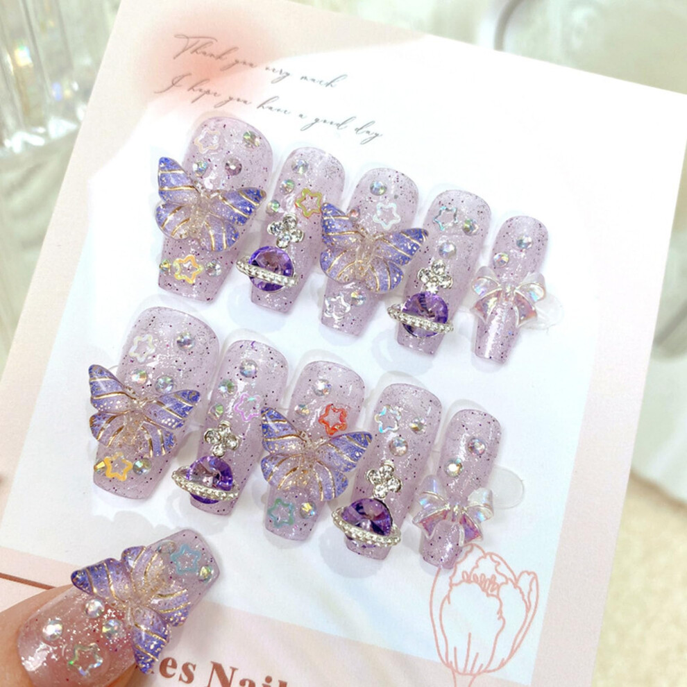 Purple Press On Nails Medium Coffin Fake Nails With 3D Bow Butterfly Rhinestones Reusable 24Pcs