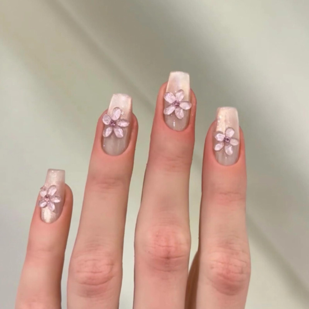 Cream Nude Press On Nails With Rhinestones Long Acrylic Ballerina Shape Fake Nails 24Pcs