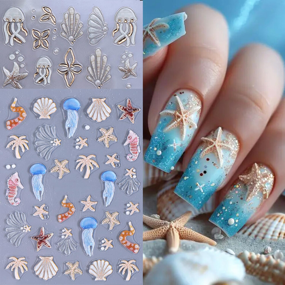 Ocean Theme Nail Art Stickers 5D Embossed Jellyfish Seashell SelfAdhesive Marine Life Decorations