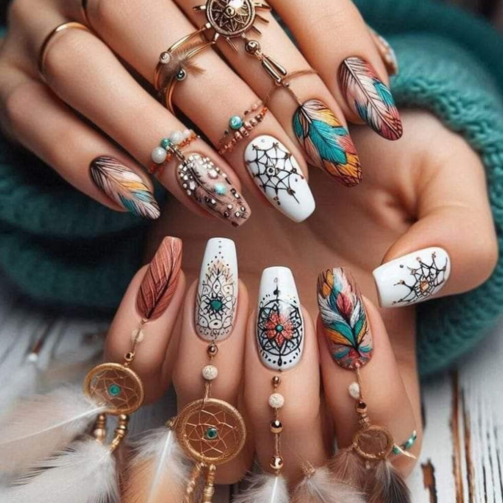 Almond Press On Nails with Colorful Floral Designs, SalonStyle Full Cover Fake Nails 24pcs