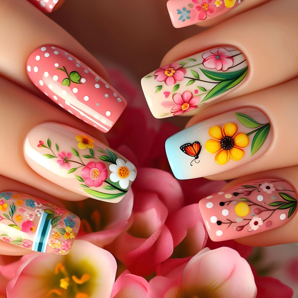 Floral Press On Nails Set Ballet Shape False Nails Glossy Stick On Nails for Women 24Pcs