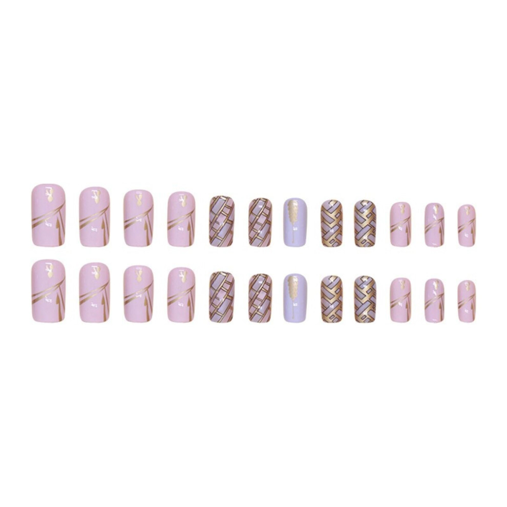 24Pcs Medium Square Press On Nails Checkered Wheat Design Reusable Fake Nails with Glue for Women