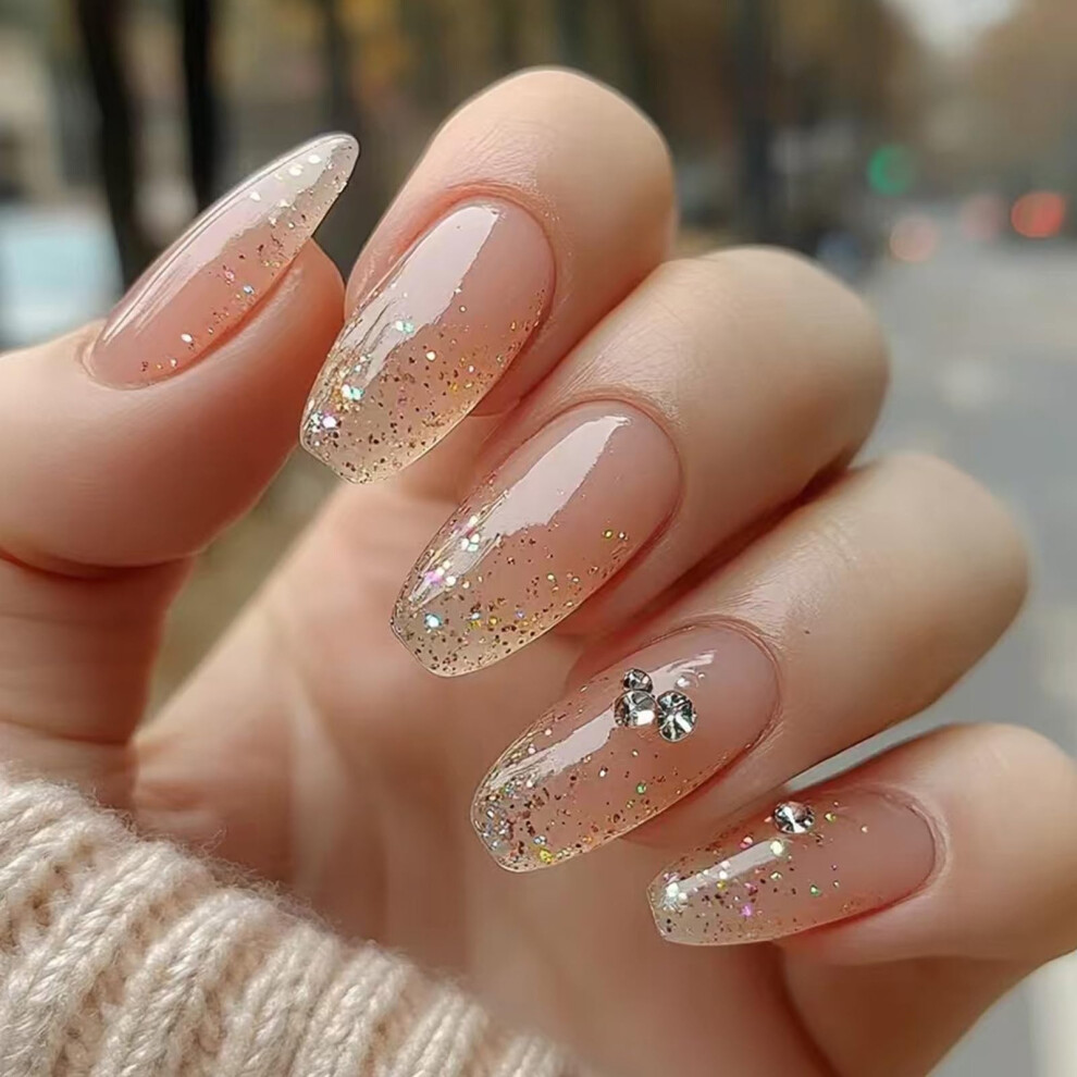 Medium Ballerina Press On Nails with Rhinestones Glitter Acrylic Fake Nails for Weddings and Parties