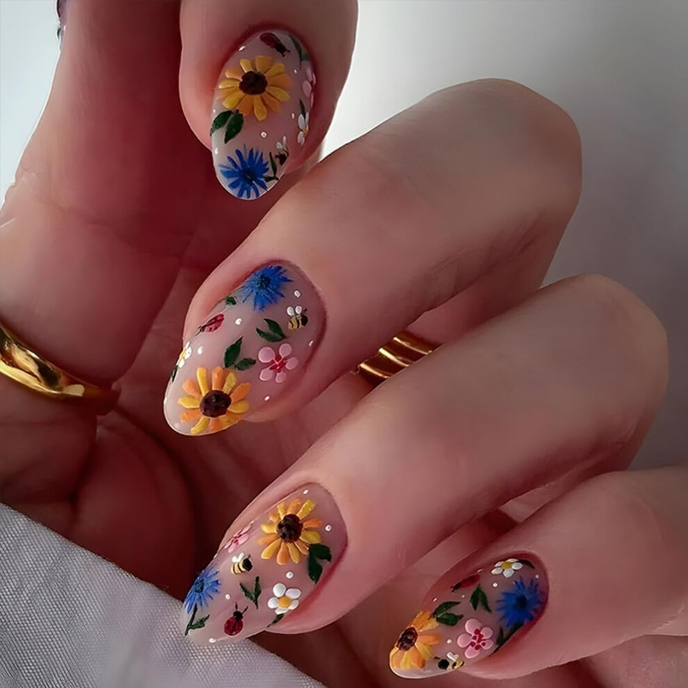 Medium Almond Press On Nails 24Pcs Floral Daisy Fake Nails Set Reusable Glue On Acrylic Manicure