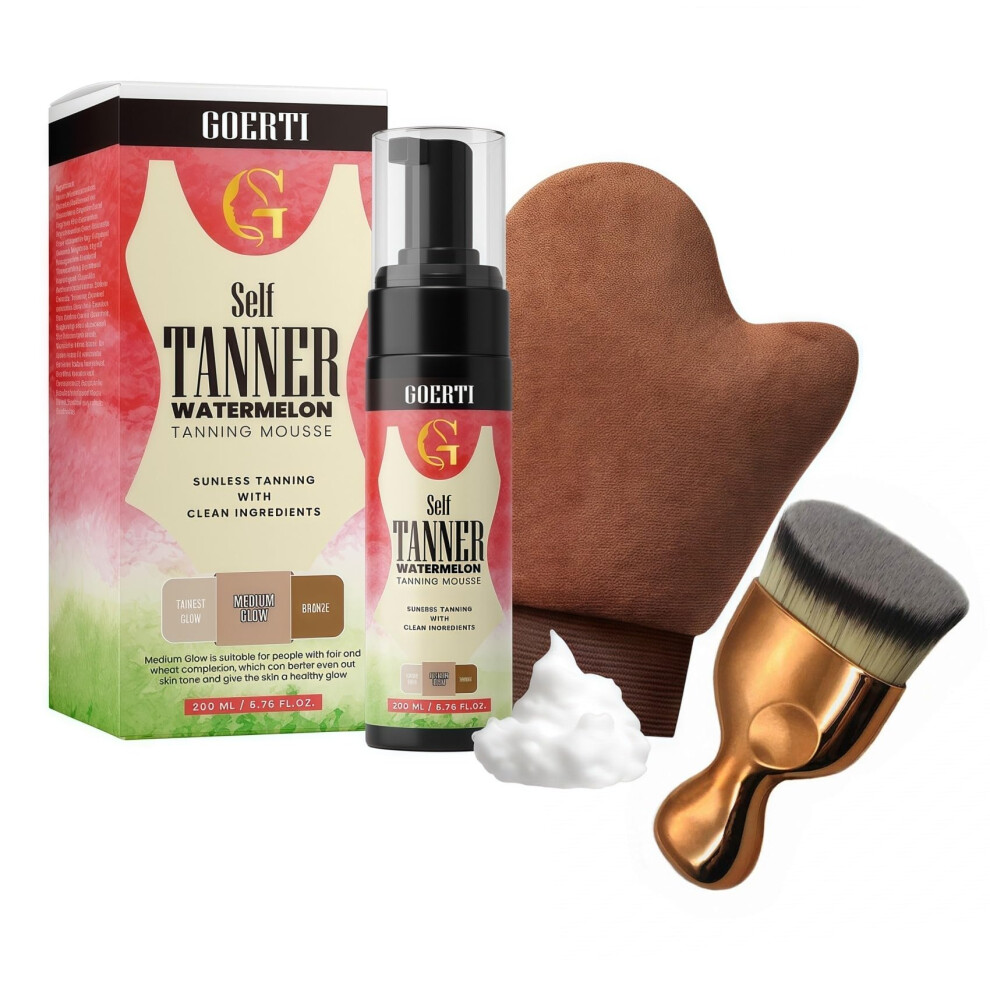 Dark Self Tanner Mousse With Mitt For Face And Body, Natural Organic Medium Sunless Tanner, 1.5 Hour Express